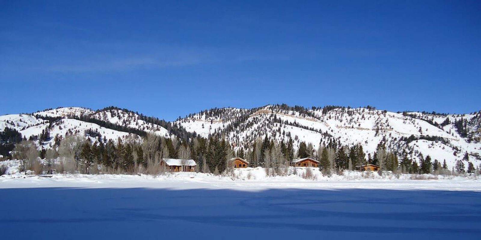 Cabins from lake in winter